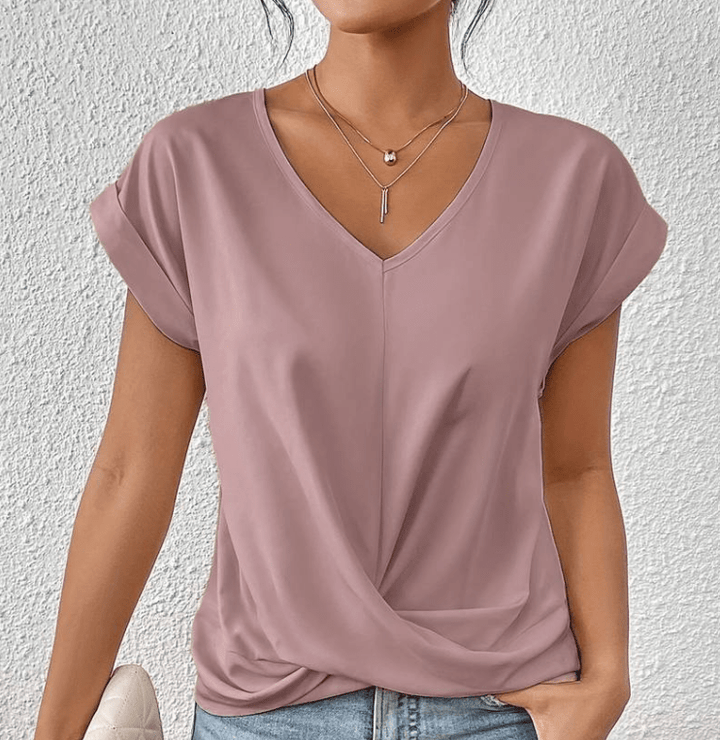 Casual yet elegant women's V-neck top, featuring a flattering twist front & short sleeves for versatile wear.