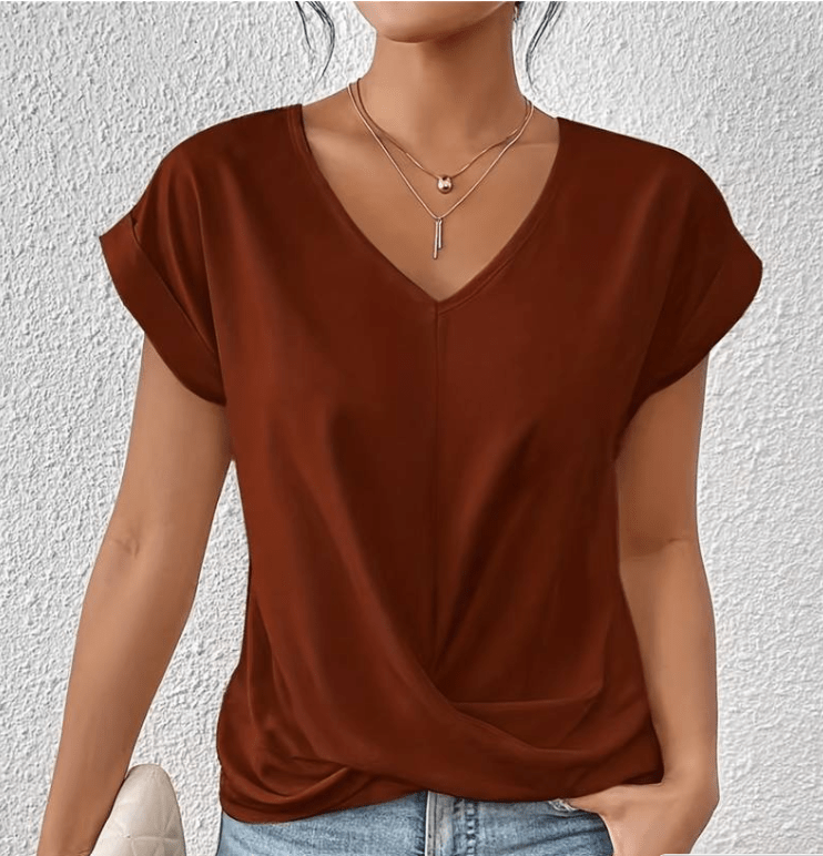 Stylish women's short sleeve V-neck top, with a unique twist front design, offering a flattering look.