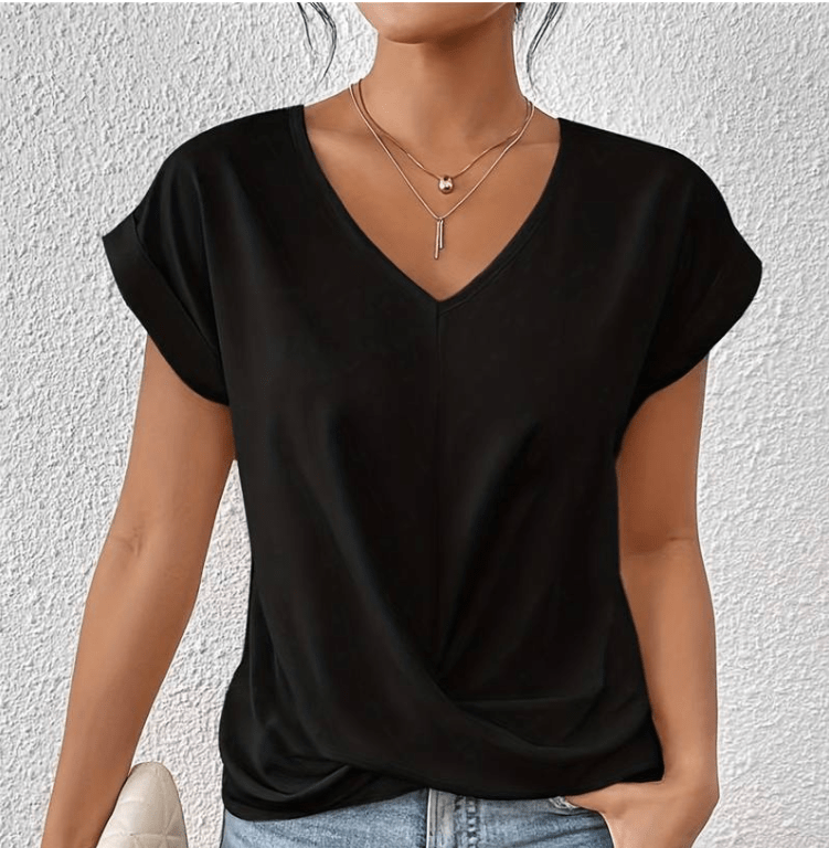 Comfortable & flattering women's V-neck top with a chic twist front, ideal short sleeve blouse for daily style.
