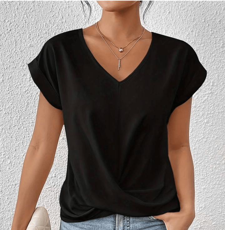Comfortable & flattering women's V-neck top with a chic twist front, ideal short sleeve blouse for daily style.