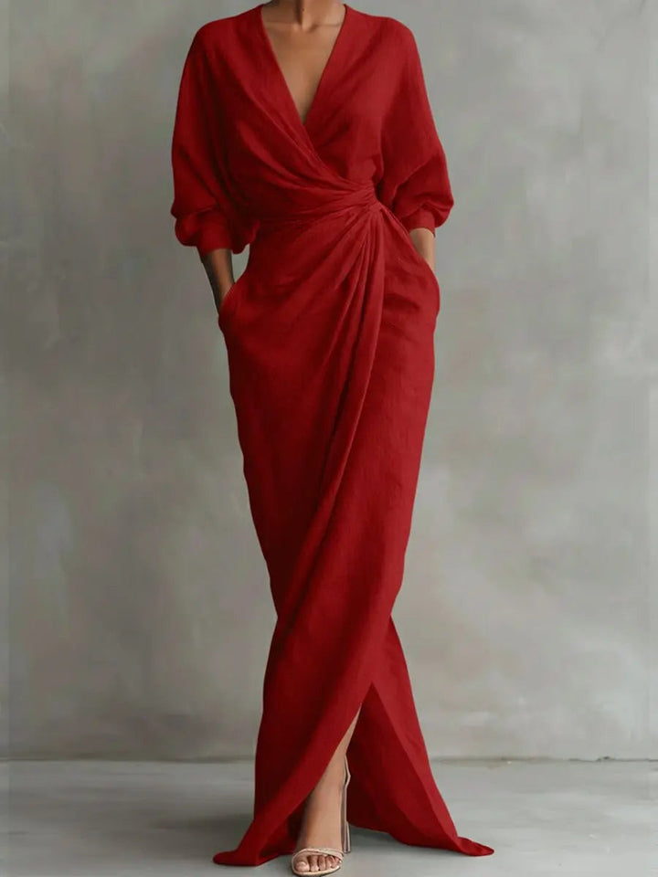 Versatile V-neck wrap maxi dress for women, long sleeves & ruched waist. Suitable for formal or casual occasions.