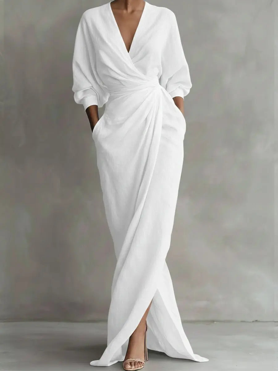 Comfortable women's formal V-neck wrap maxi dress with long sleeves & elegant ruched waist. Occasion wear.