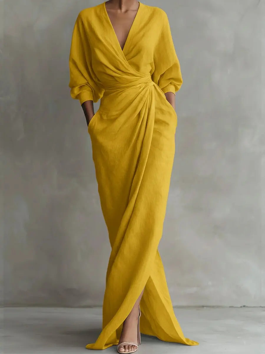 Beautiful women's V-neck wrap maxi dress with long sleeves & ruched waist. Perfect for versatile occasion styling.