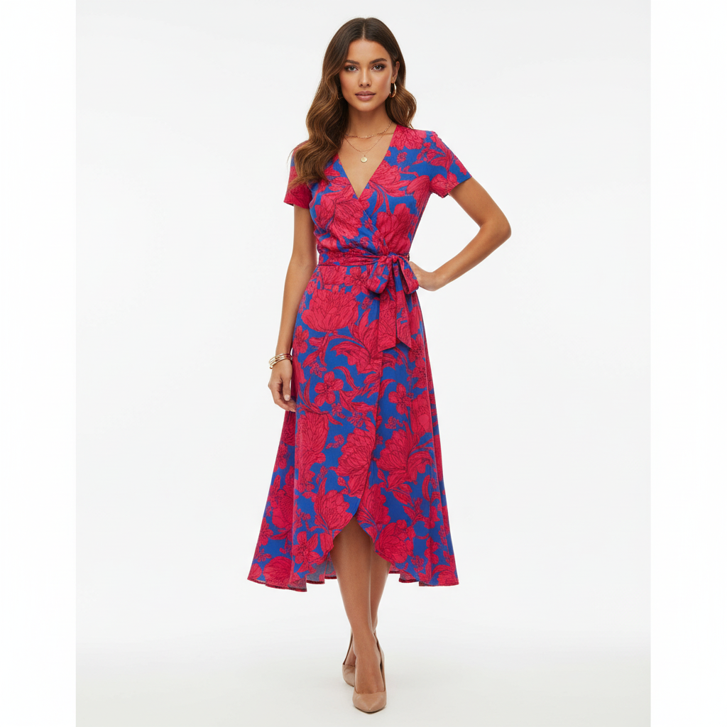 Women's elegant v-neck wrap midi dress in classic black, perfect for any occasion.