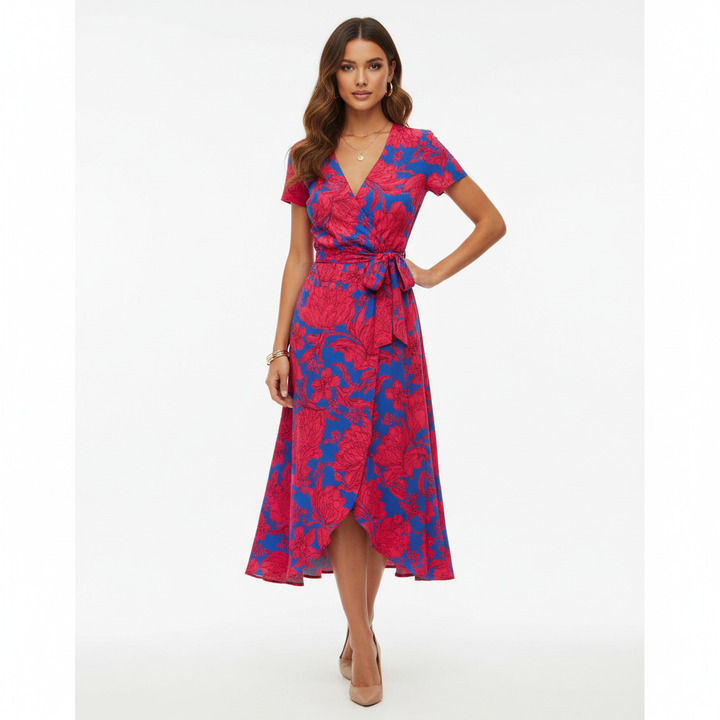 Women's elegant v-neck wrap midi dress in classic black, perfect for any occasion.