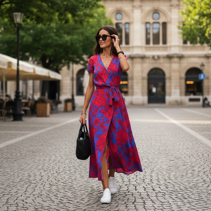 Chic v-neck midi dress with flattering wrap waist, ideal for summer parties.