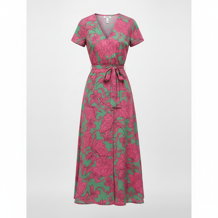 Stylish women's wrap dress featuring a v-neckline and comfortable midi length.