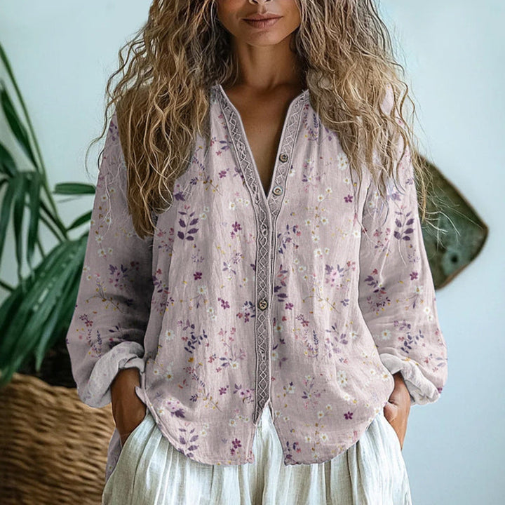 Sophisticated women's long sleeve shirt with vintage leaf print. Elegant button-down top, perfect for casual chic or office.