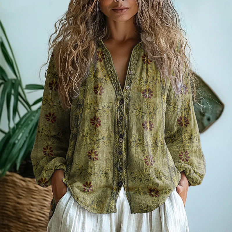 Chic women's button-down shirt featuring a vintage leaf pattern. Elegant long sleeve top, ideal for versatile everyday wear.