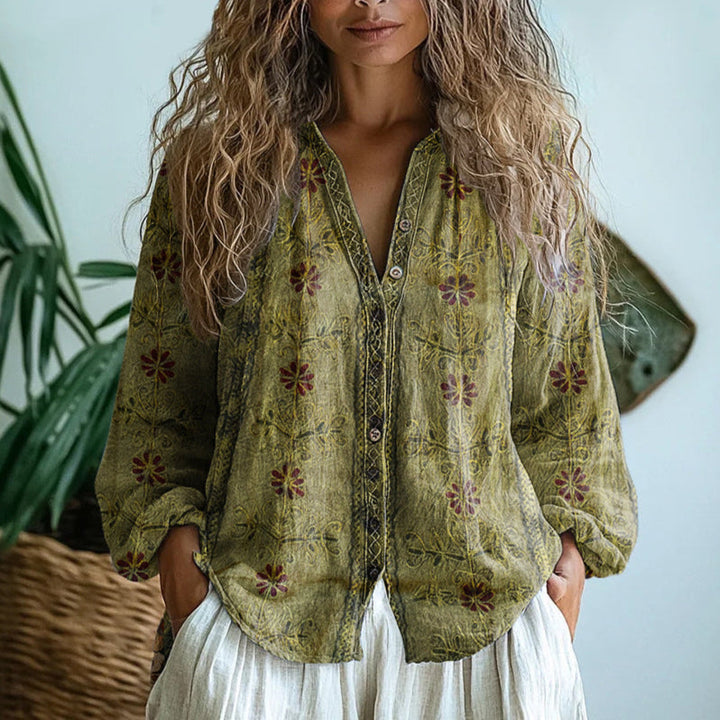 Chic women's button-down shirt featuring a vintage leaf pattern. Elegant long sleeve top, ideal for versatile everyday wear.