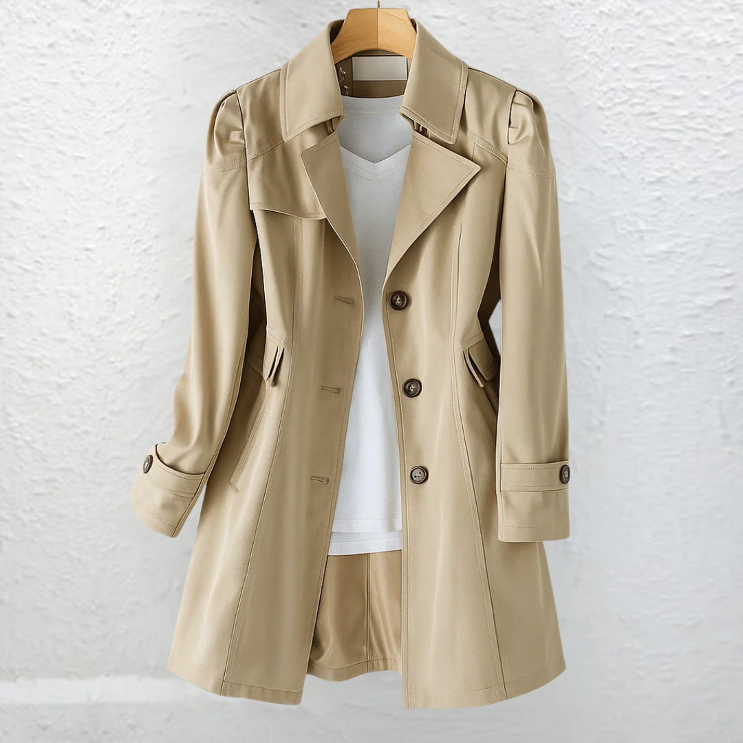 Women's elegant vintage trench coat, classic style outerwear, perfect for all seasons.