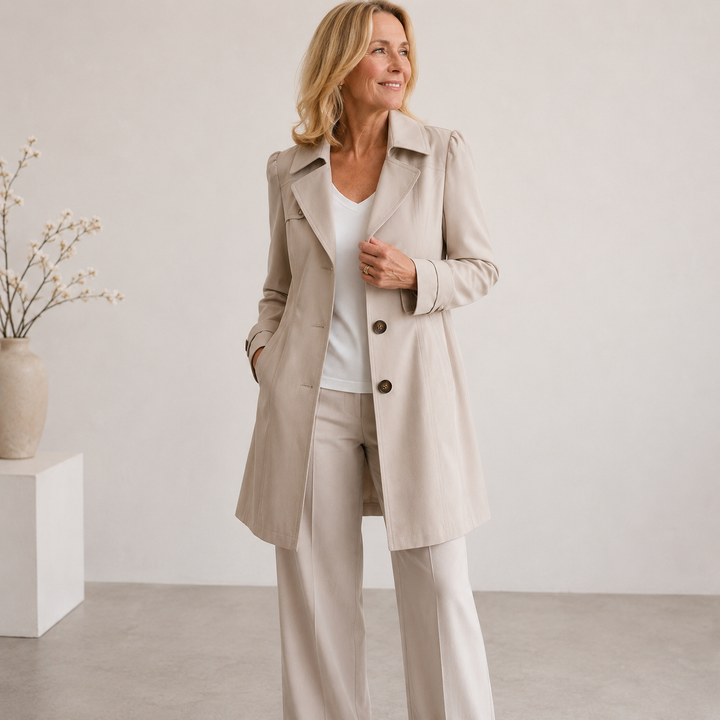 All-season women's elegant vintage trench coat, classic style, knee-length, perfect layered fashion.