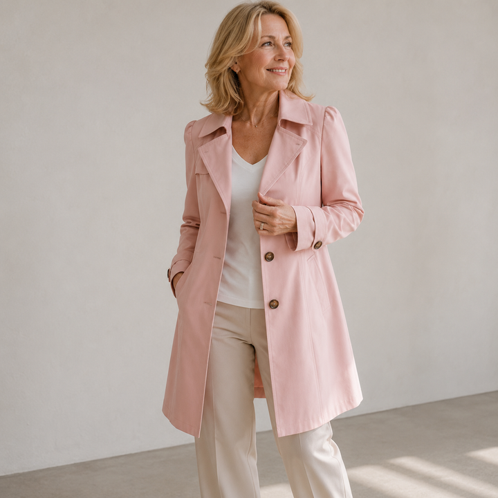 Elegant women's vintage trench coat, classic knee-length silhouette, tailored for a stylish look.