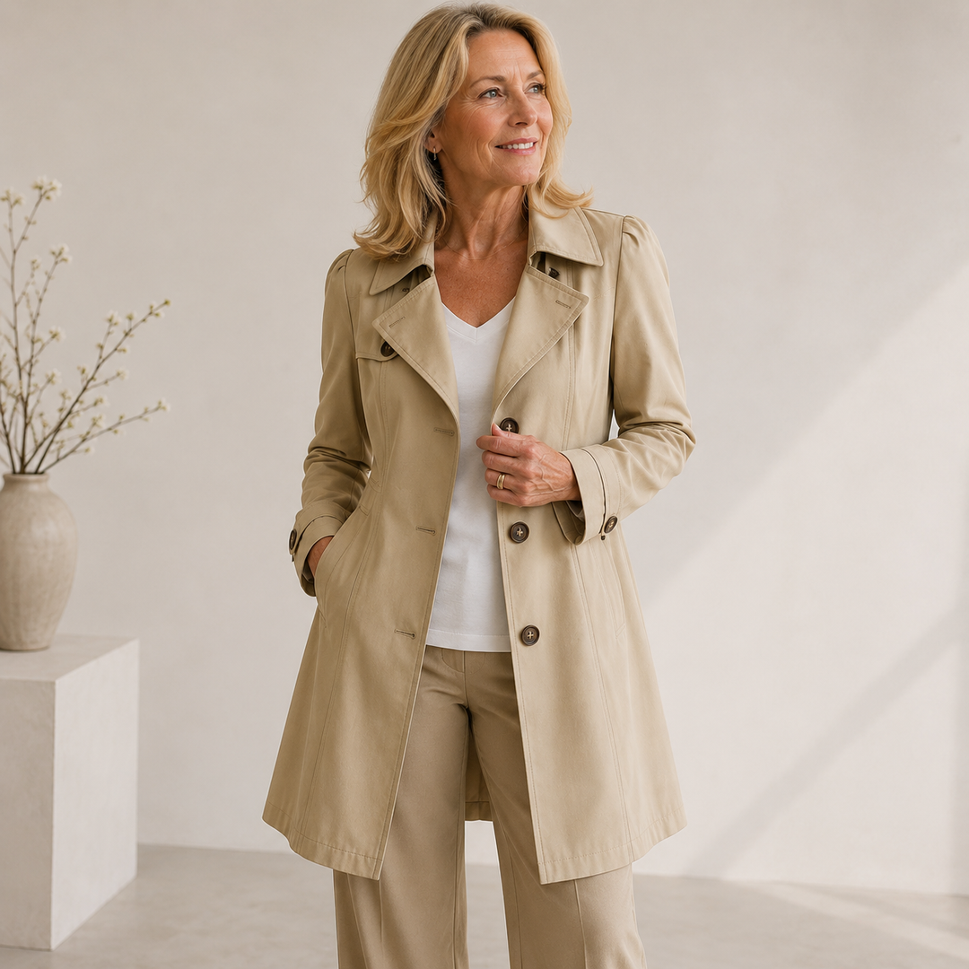 Chic women's vintage trench coat, elegant and classic, tailored fit, versatile fashion outerwear.