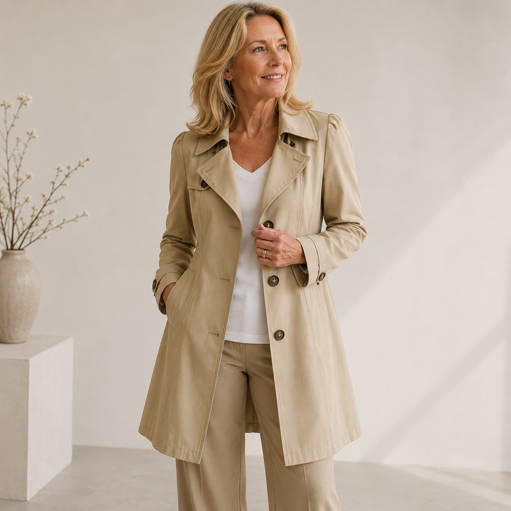 Chic women's vintage trench coat, elegant and classic, tailored fit, versatile fashion outerwear.