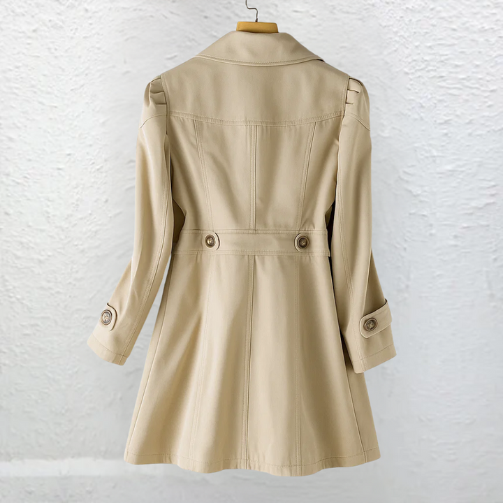 Women's classic vintage trench coat, smooth fabric, elegant and stylish outerwear.