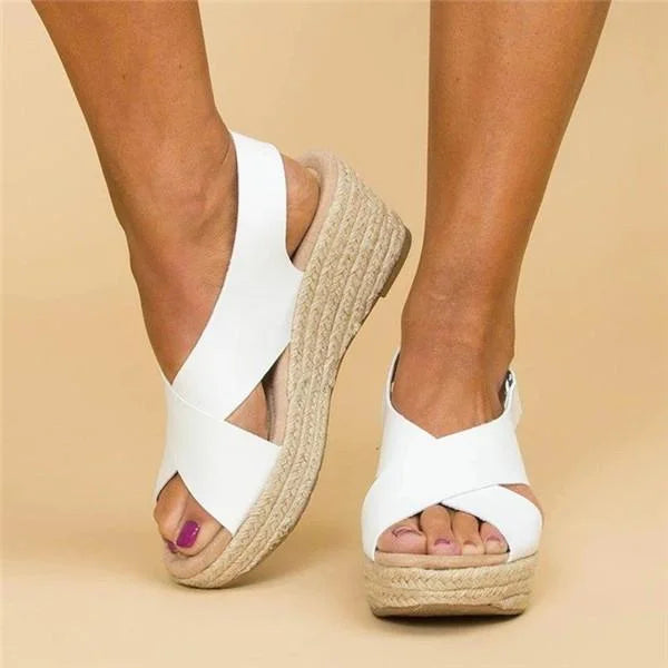 Stylish women's summer footwear featuring a cork wedge heel.