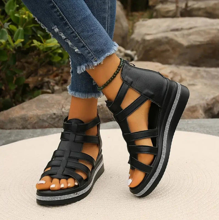 Women's elegant wedge sandals with sparkling rhinestones, perfect for summer comfort & style.