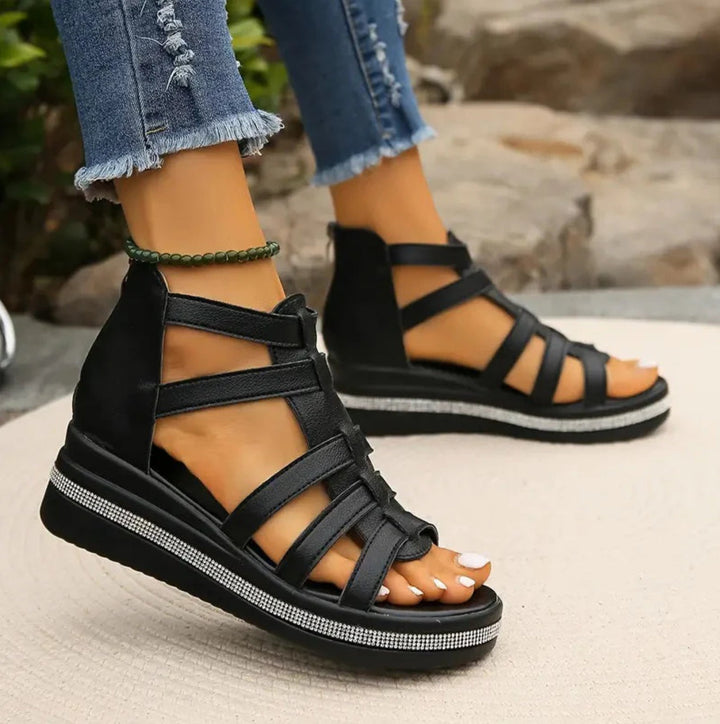 Casual yet elegant women's wedge sandals, showcasing sparkling rhinestones for versatile summer wear.