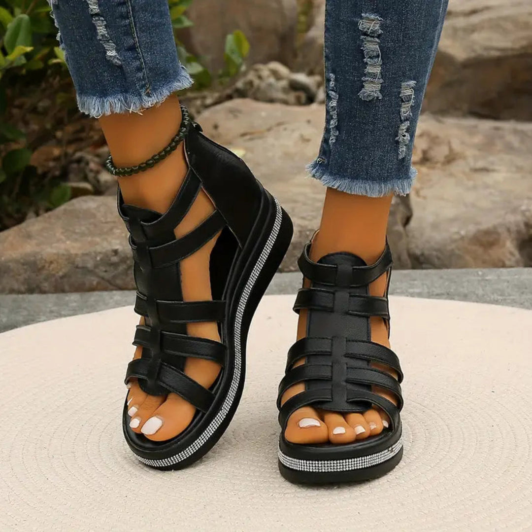 Comfortable & sparkling women's wedge sandals, perfect elegant footwear for summer parties & events.