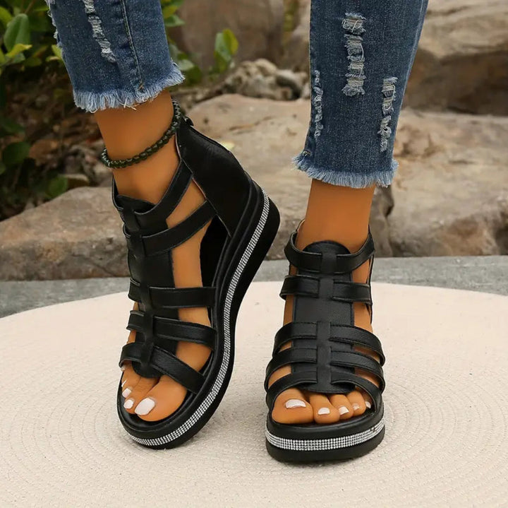 Comfortable & sparkling women's wedge sandals, perfect elegant footwear for summer parties & events.