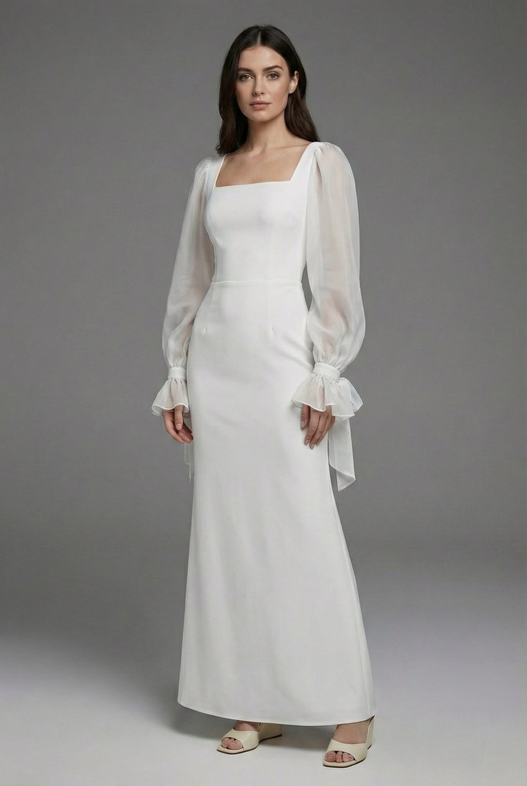 Women's Elegant White Square Neck Evening Maxi Dress - Perfect for Weddings