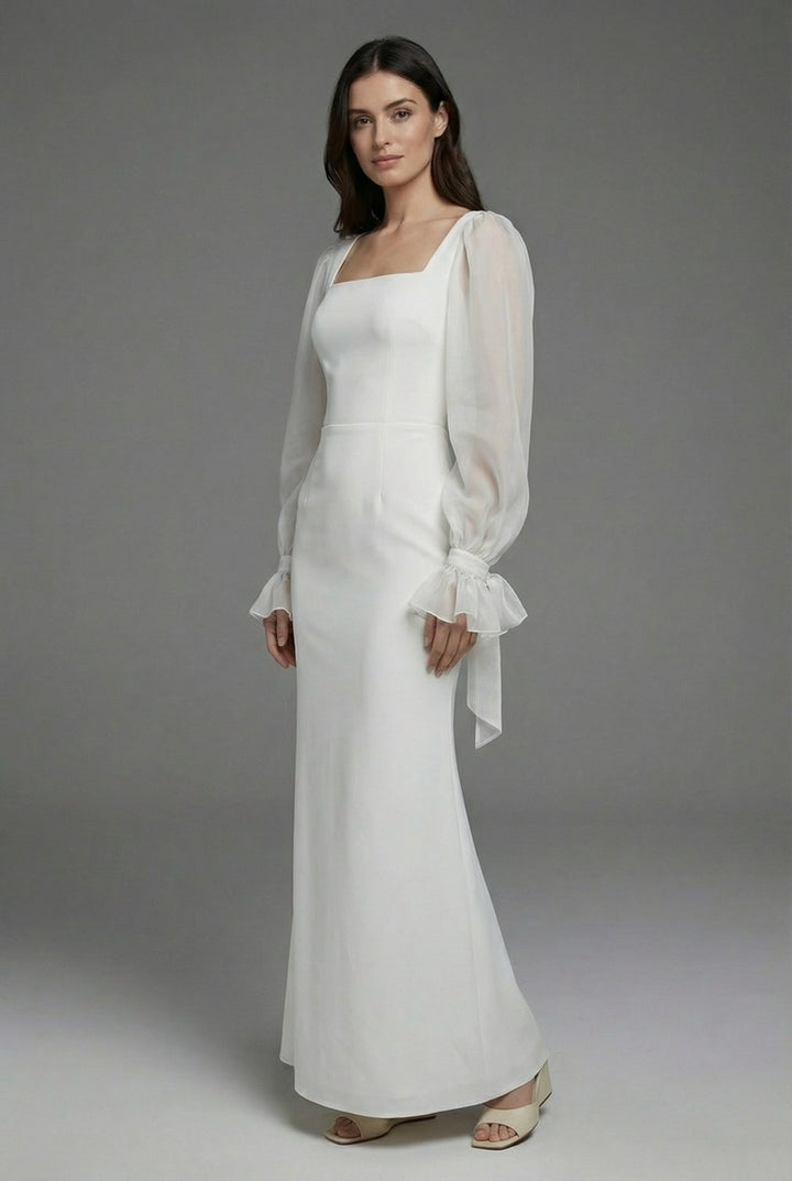 Women's Elegant White Square Neck Evening Maxi Dress - Perfect for Weddings