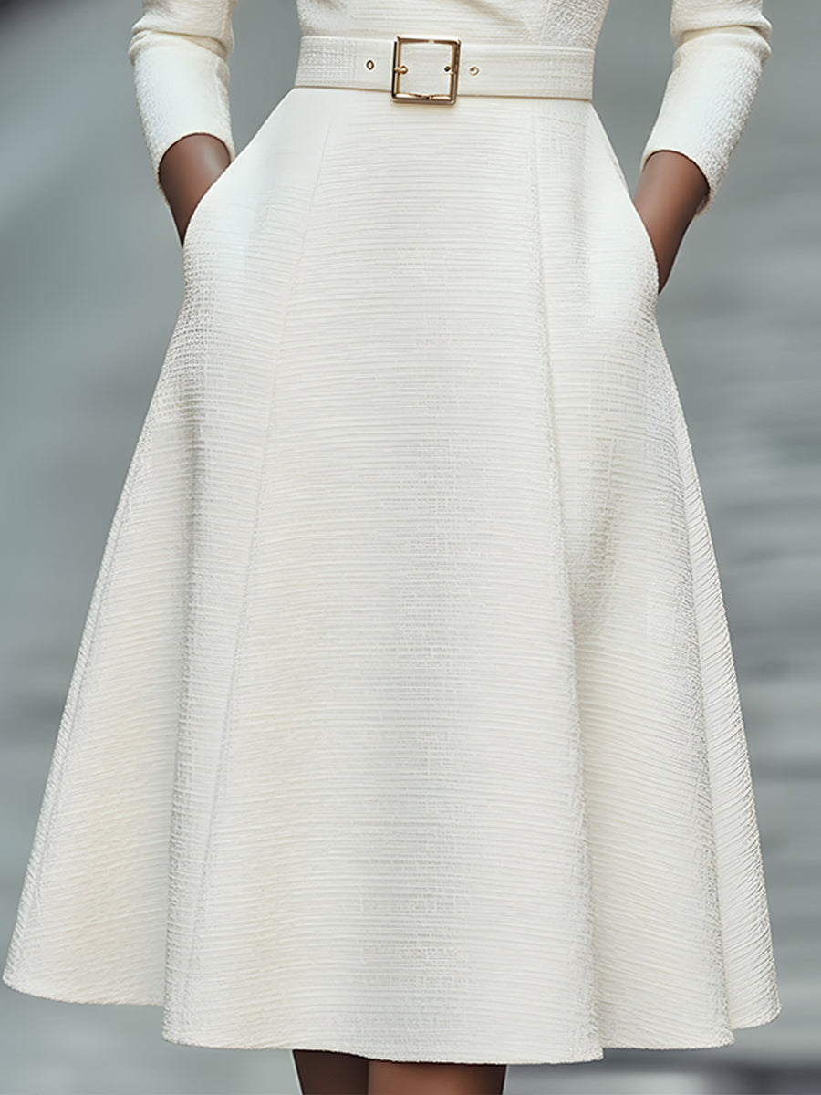 Elegant women's white midi dress with a V-neck and stylish belt. Perfect for formal events, work, or any occasion.