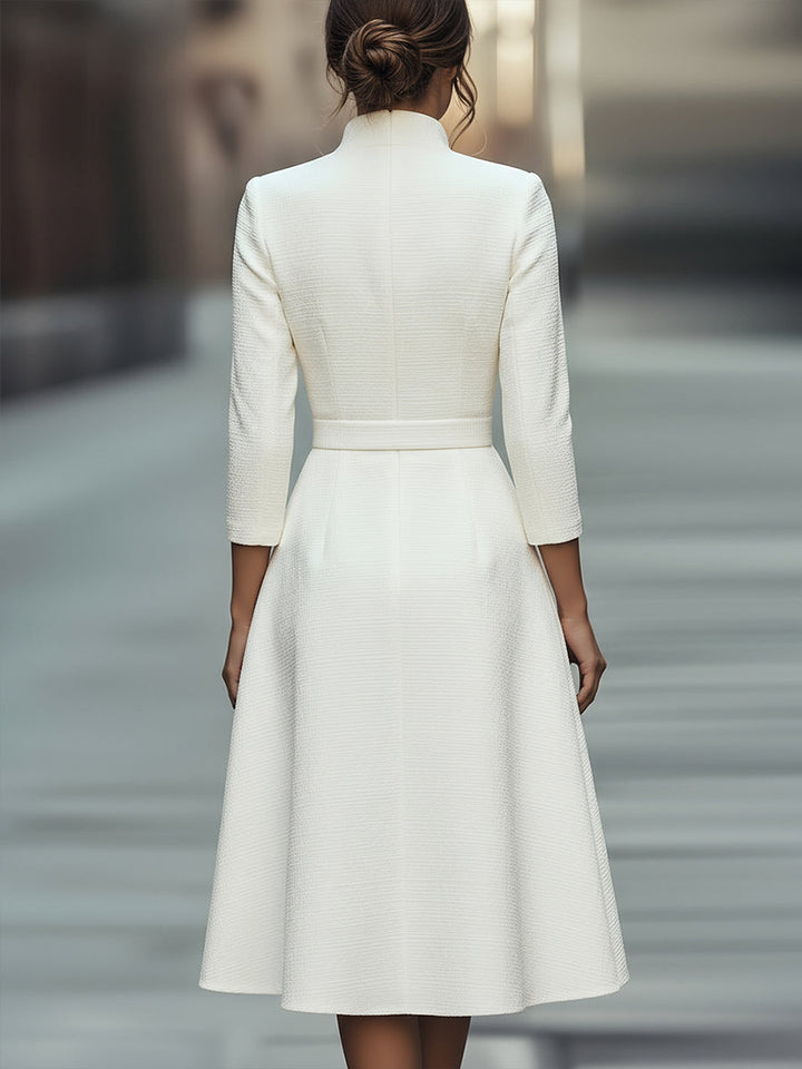 Flattering white belted V-neck midi dress for women, an elegant and sophisticated choice for any formal occasion.