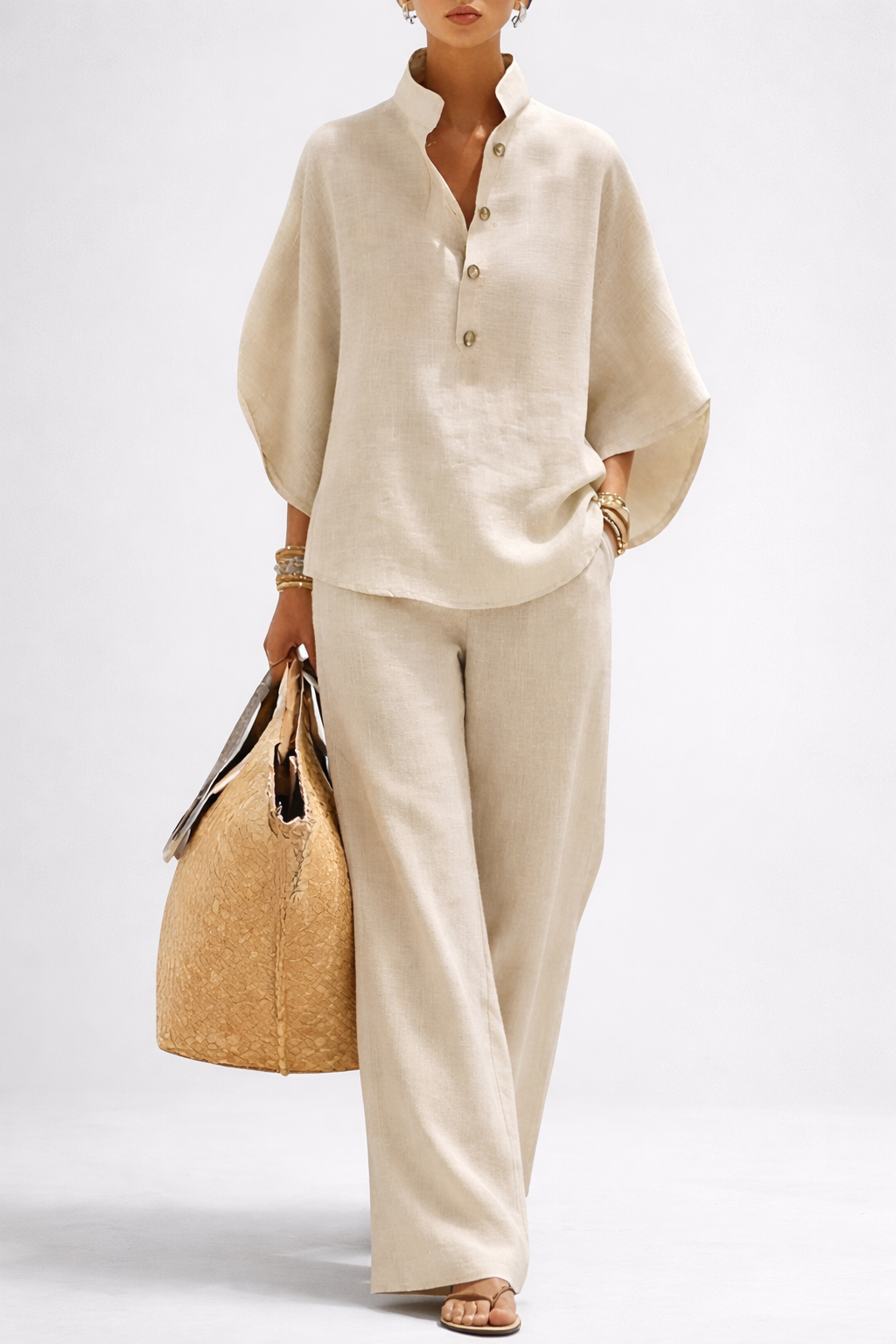Women's elegant wide leg collared 2 piece outfit set, featuring a stylish top & comfortable trousers.