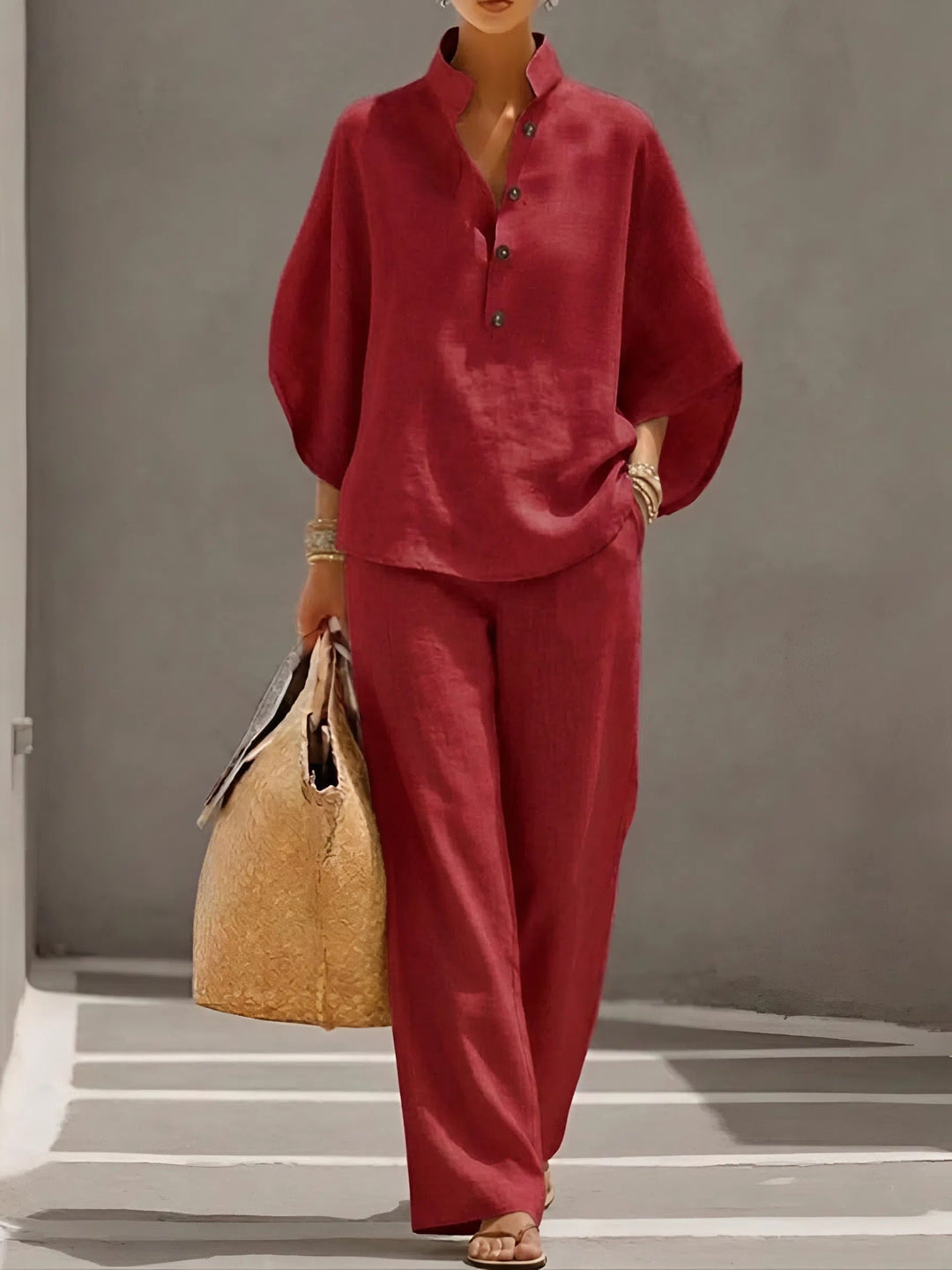Fashionable women's wide leg collared 2 piece set, offering elegant style and comfort.