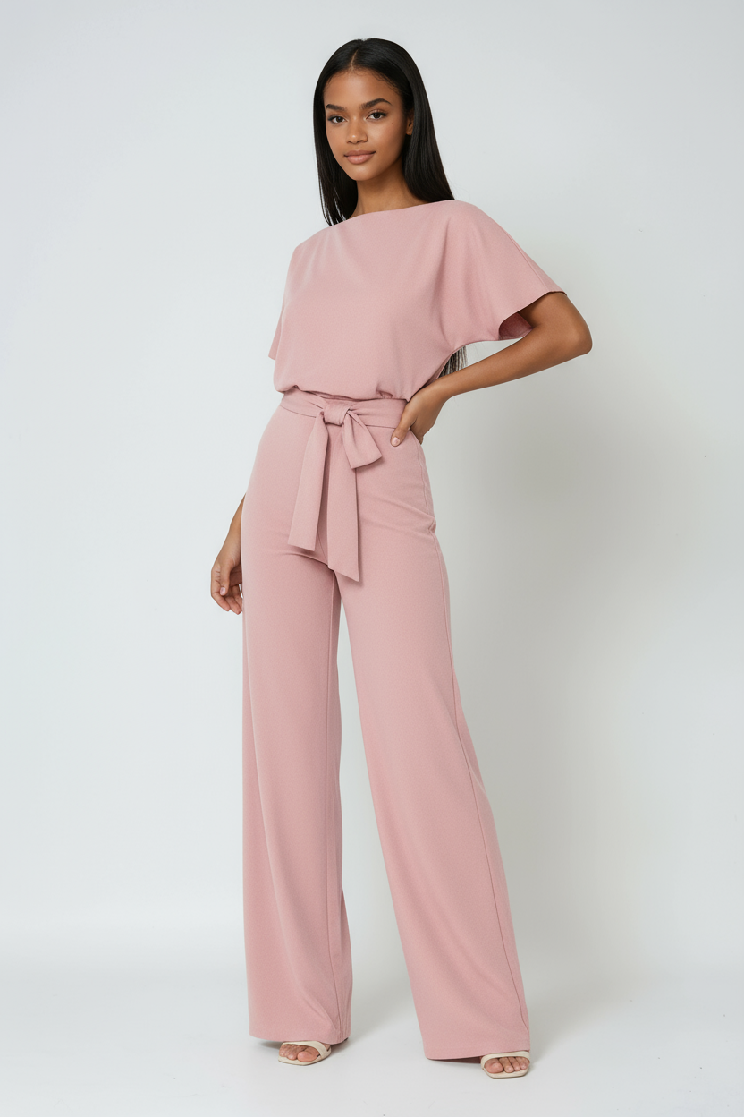 Comfortable women's wide-leg jumpsuit with tie waist. Versatile for effortless chic, spring & summer style.