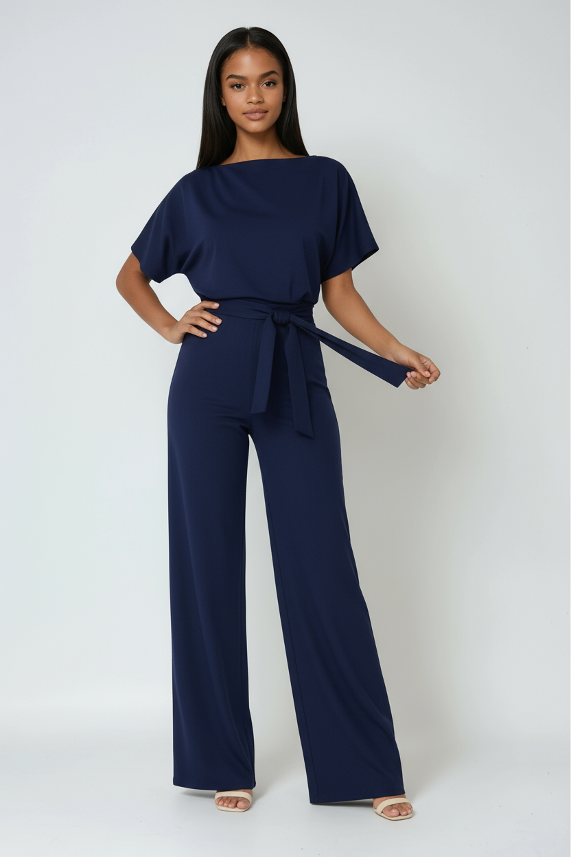 Chic women's wide-leg jumpsuit with adjustable waist tie. Provides elegant comfort for any casual or dressy occasion.