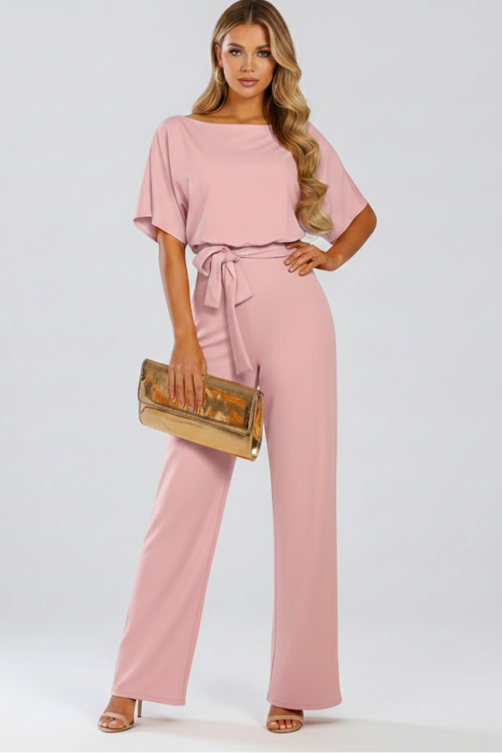 Versatile women's wide-leg jumpsuit, elegant belted one-piece with short sleeves for spring & summer fashion.