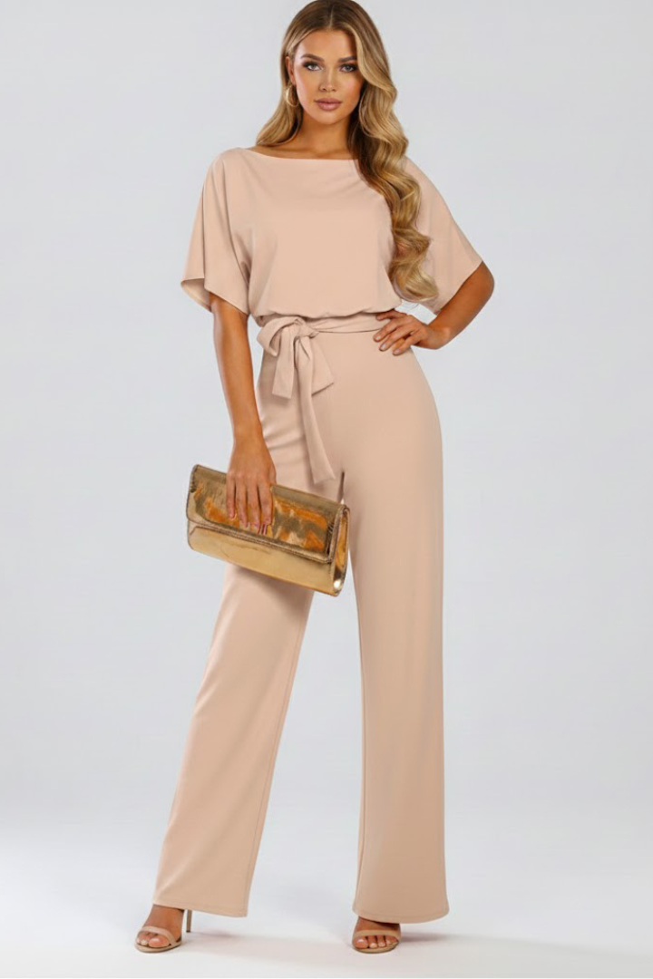 Chic women's wide-leg jumpsuit with short sleeves and a belted waist, ideal for casual summer style.