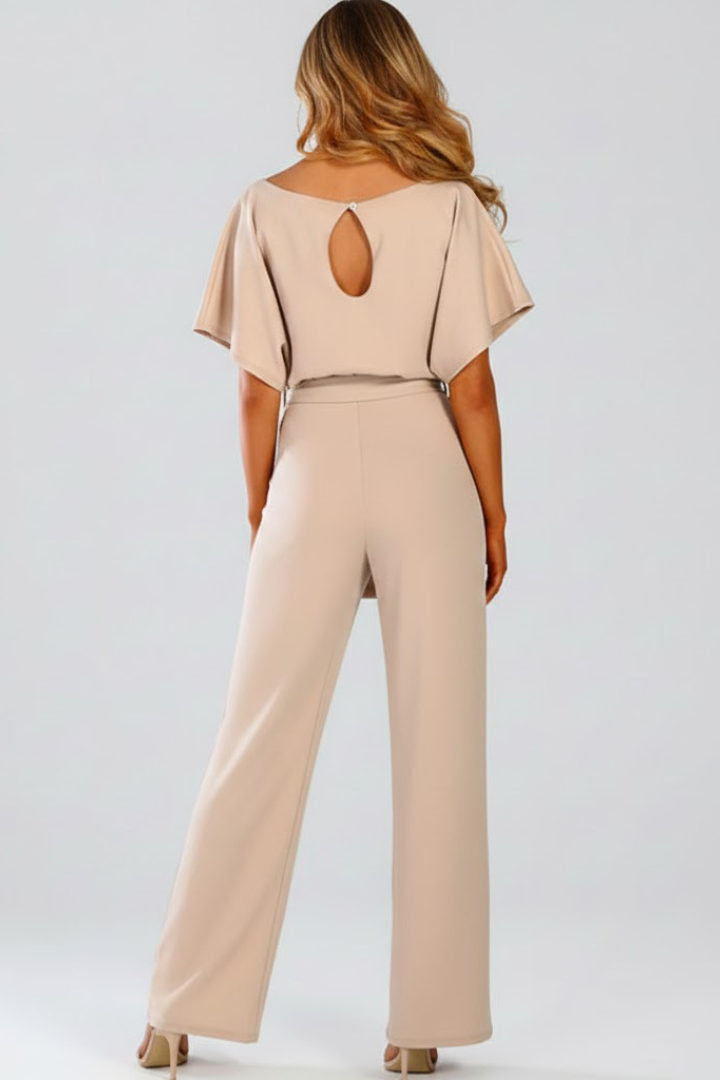 Stylish one-piece women's wide-leg jumpsuit, featuring short sleeves and an elegant belted waist.