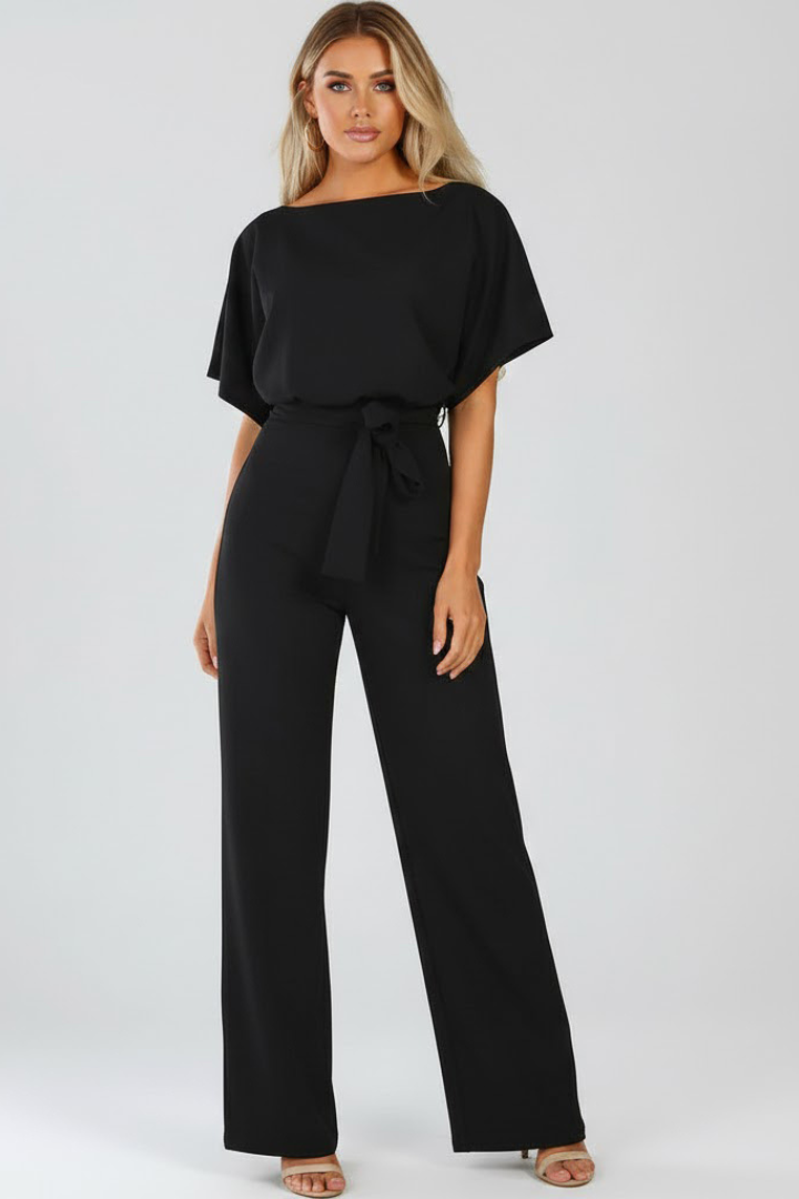 Elegant women's spring wide-leg jumpsuit, one-piece design with short sleeves & belted waist.
