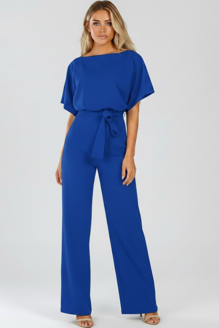 Women's wide-leg jumpsuit with a chic belted waist, short sleeves, and an elegant one-piece design.