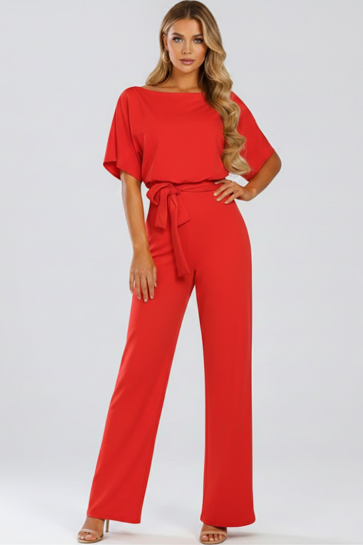 Chic & elegant women's wide-leg jumpsuit with a belted waist and short sleeves for versatile fashion.
