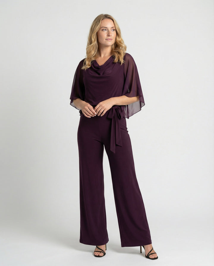 Women's elegant wide-leg jumpsuit with cascading neckline, perfect for formal events.