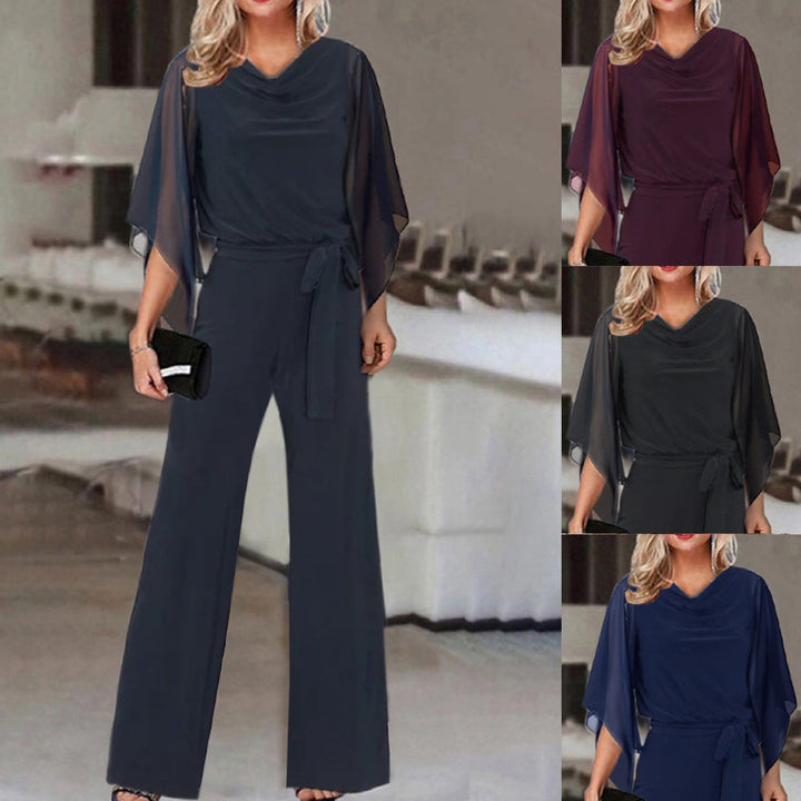 Shop this trendy women's jumpsuit with wide legs and a sophisticated cascading neckline.
