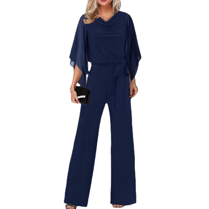 Perfect for parties, this elegant wide-leg jumpsuit features a cascading neckline.