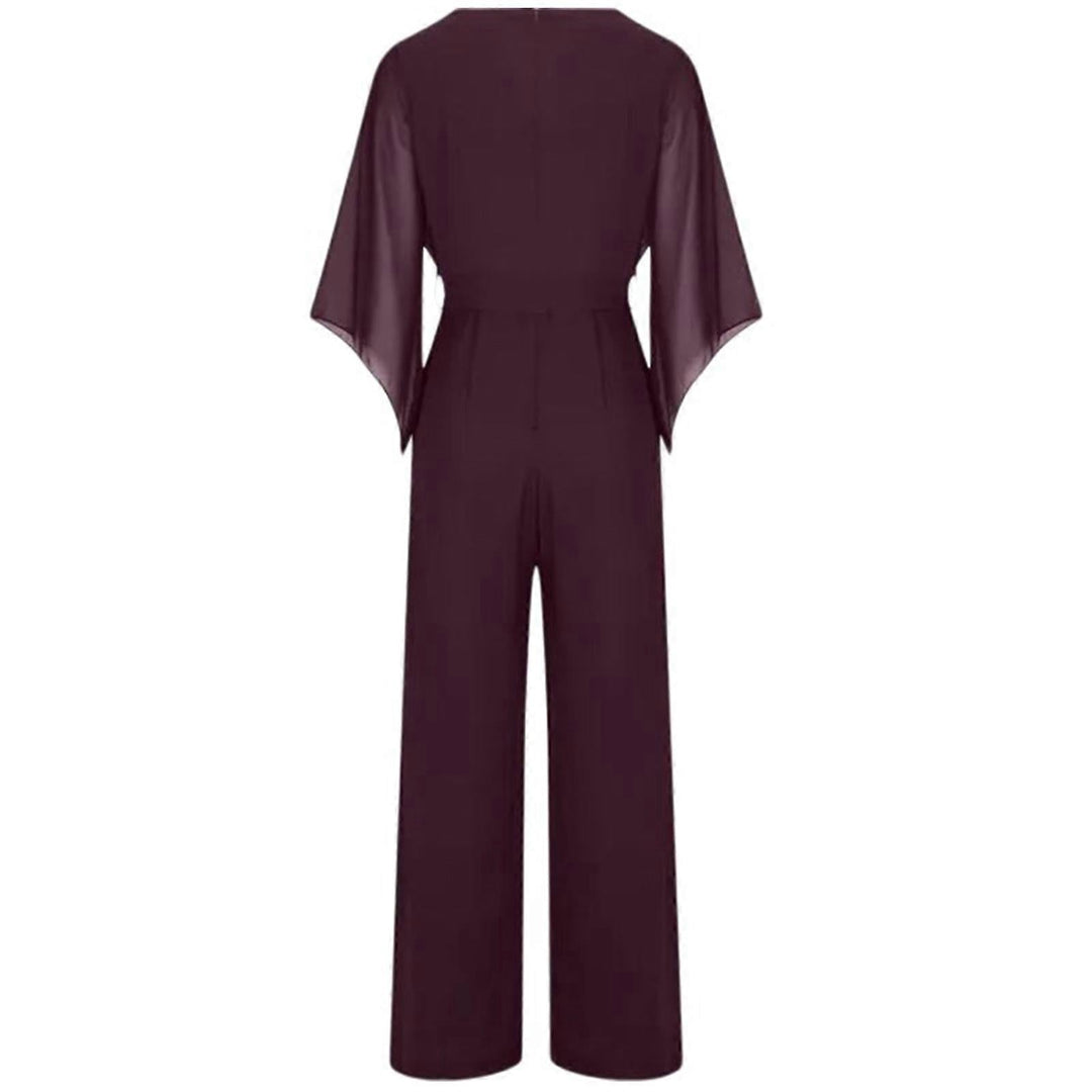 Elevate your wardrobe with this women's wide-leg jumpsuit and cascading neckline.