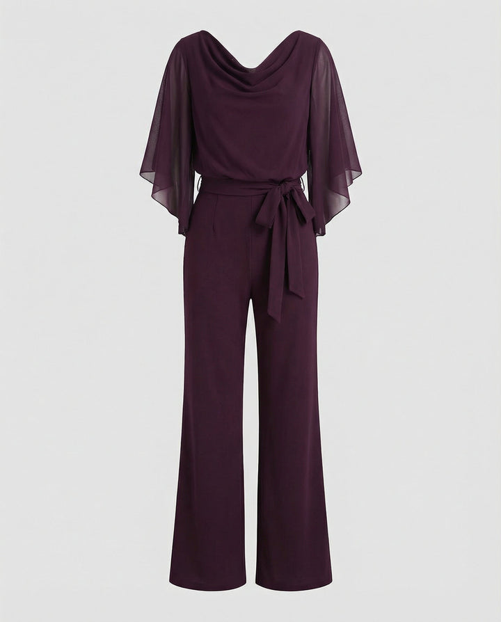 Elegant formal wear: women's jumpsuit with a unique cascading neckline and wide legs.