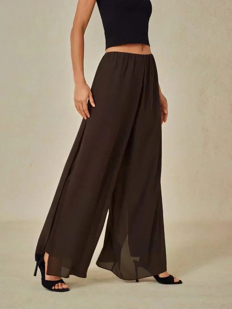 Women's wide leg pants with a comfortable tie waist and sophisticated overlay.