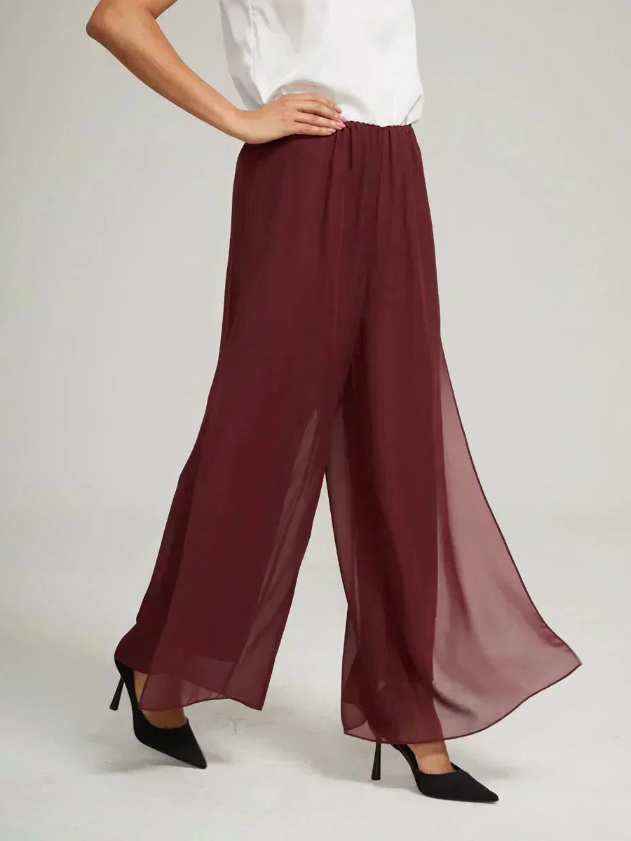 Women's dress pants: wide leg overlay design, elegant, flowy, and comfortable.