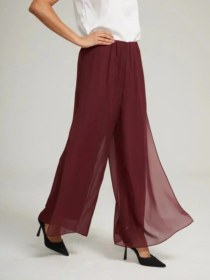 Women's dress pants: wide leg overlay design, elegant, flowy, and comfortable.