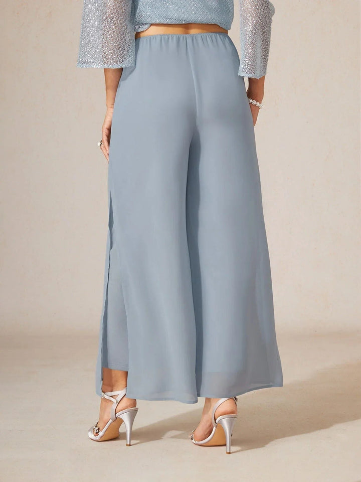 Women's comfortable wide leg pants, featuring an elegant overlay and tie waist.