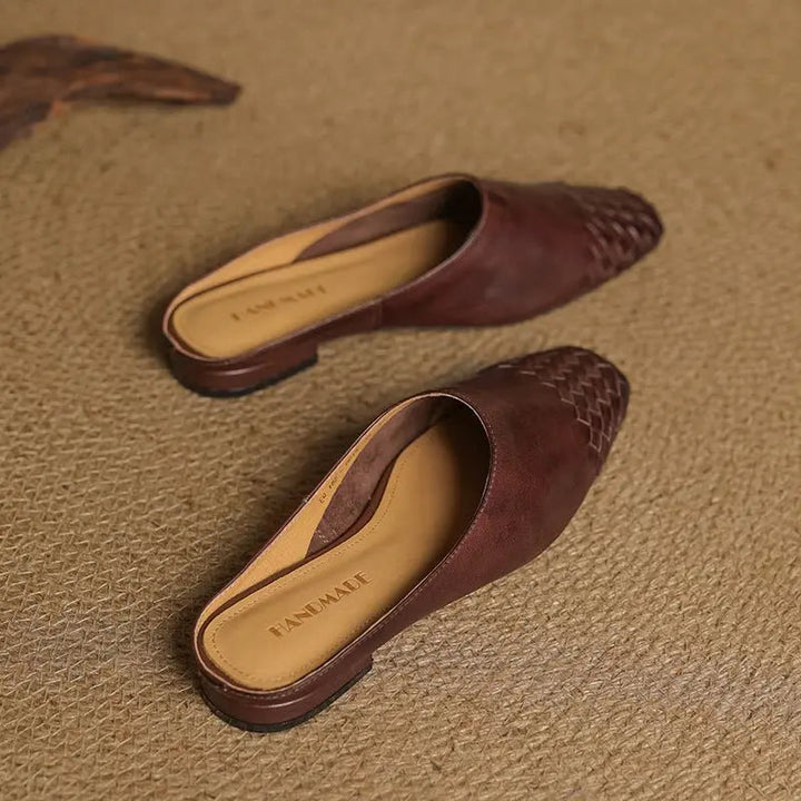 Stylish women's low heel mules, woven design, square toe, perfect versatile footwear.