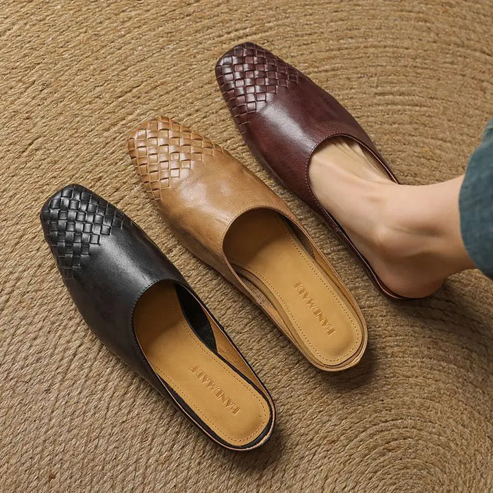 Woven square toe mules for women, comfortable and elegant with a low heel.